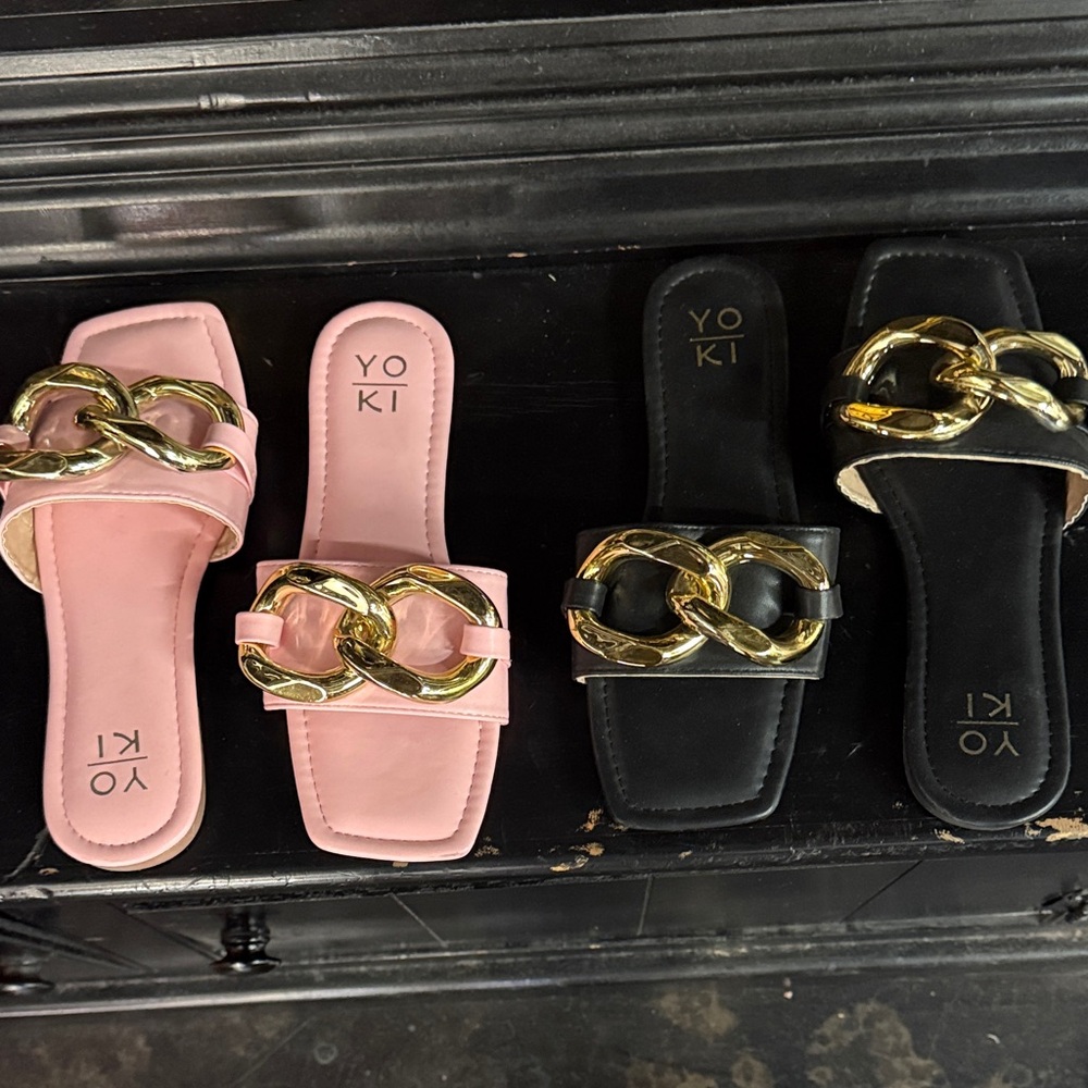 Yoki Gold Chain Pink and Black Slides set of 2 message me for sizes